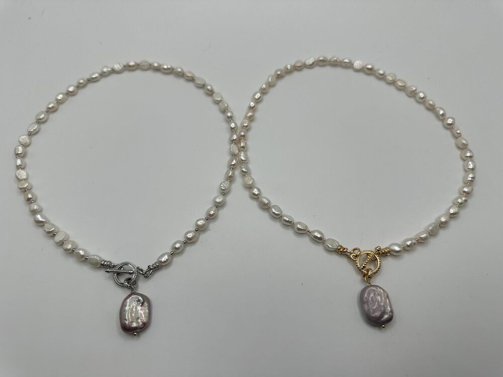 White Nugget Pearl Choker, Purple Baroque Pearl, Gold Toggle, 16 - Picture 8 of 8
